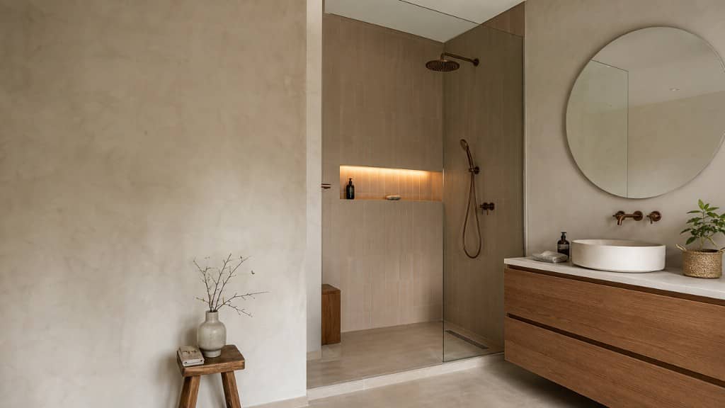 Ducha de obra en piso con hornacina iluminada y mueble de madera