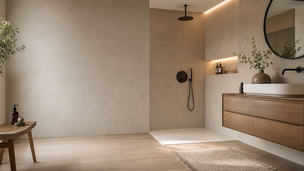 Ducha walk-in a ras con hornacina iluminada en baño de piso