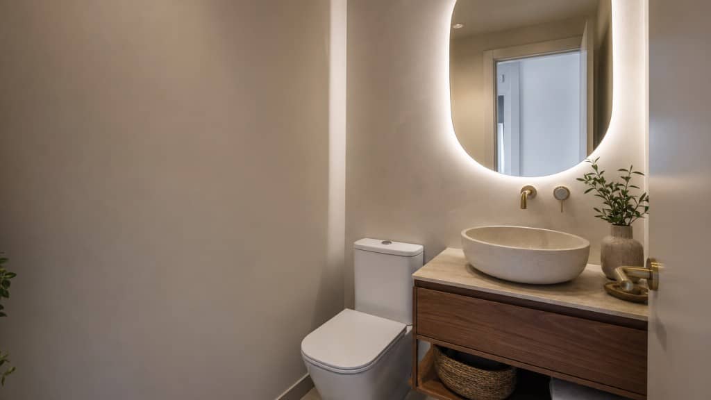 Aseo compacto de piso reformado con mueble de madera y espejo LED