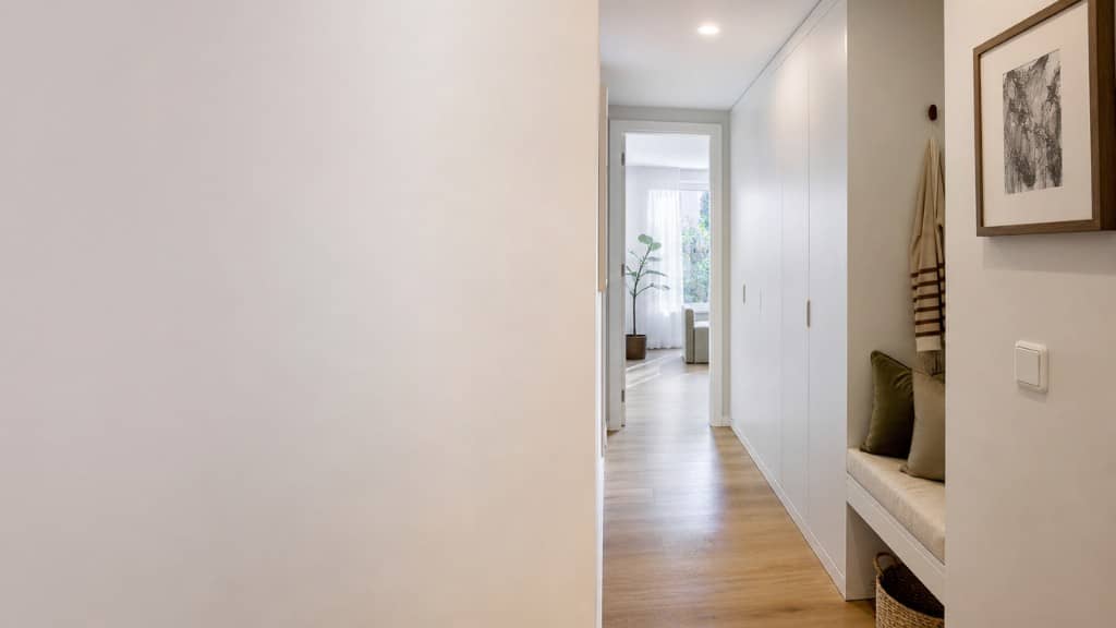Pasillo con frente de armarios hacia el dormitorio en piso reformado