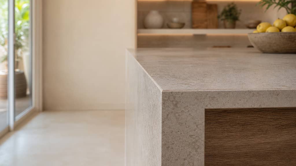Detalle de encimera de piedra y carpintería de madera en cocina reformada