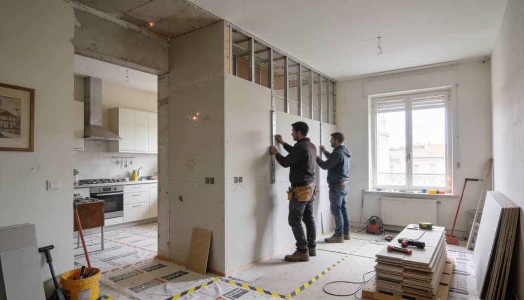 Operarios instalando tabiquería de pladur en una reforma de vivienda