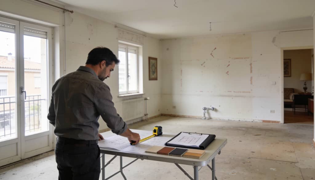 Técnico revisando planos y muestras durante la planificación de una reforma