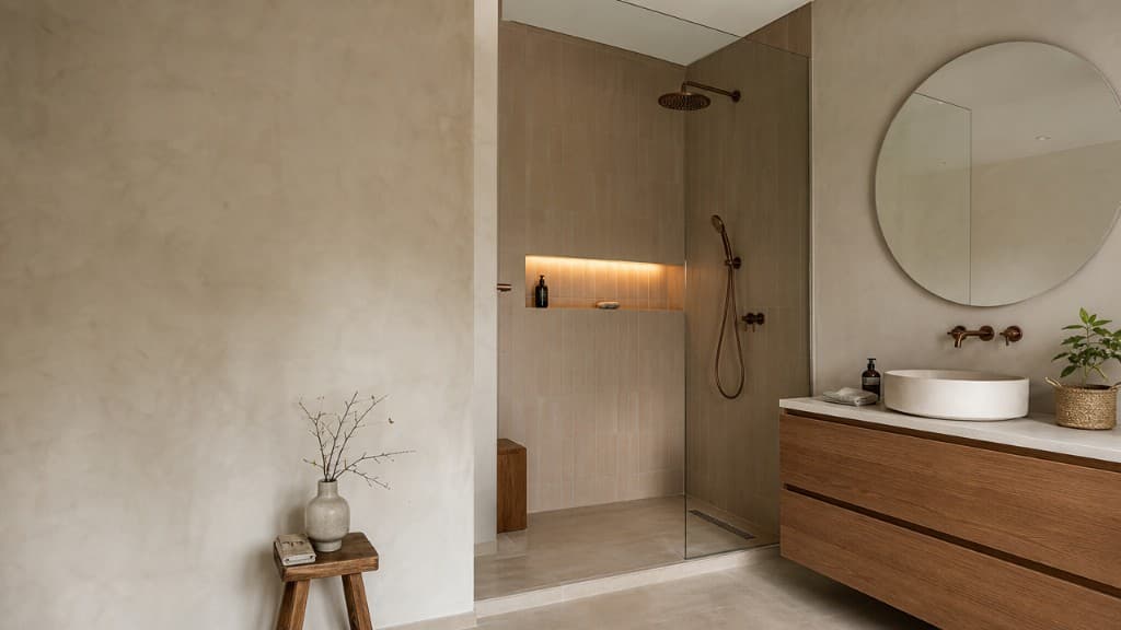 Ducha de obra en piso con hornacina iluminada y mueble de madera