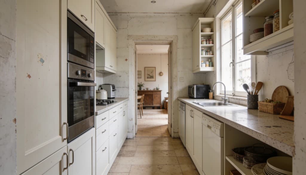 Cocina estrecha de piso antes de la reforma en Madrid