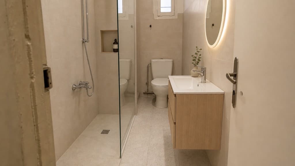 Baño de piso reformado con ducha de obra, mueble suspendido y espejo LED