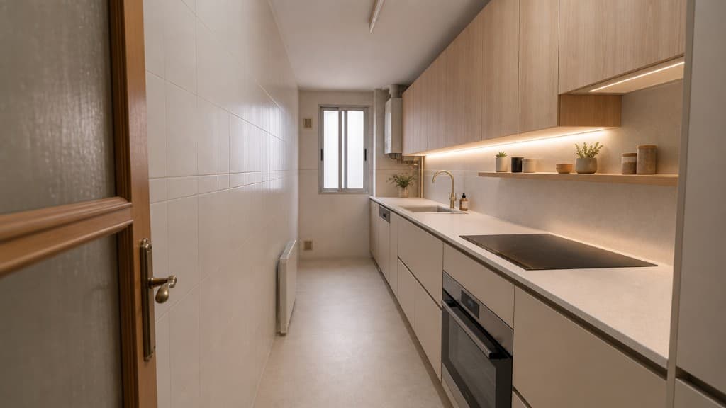 Cocina lineal de piso reformada con madera, LED y grifería moderna