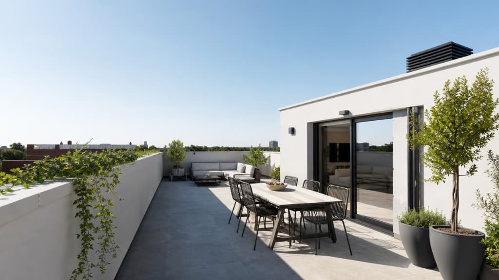 Terraza usable de ático con zona de comedor exterior en Madrid