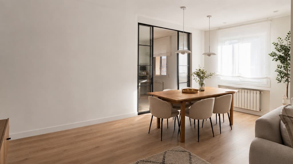 Comedor de piso con tabique de cristal y redistribución de espacios