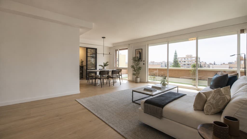 Salón luminoso de piso reformado con sofá, balcón y luz natural en Madrid