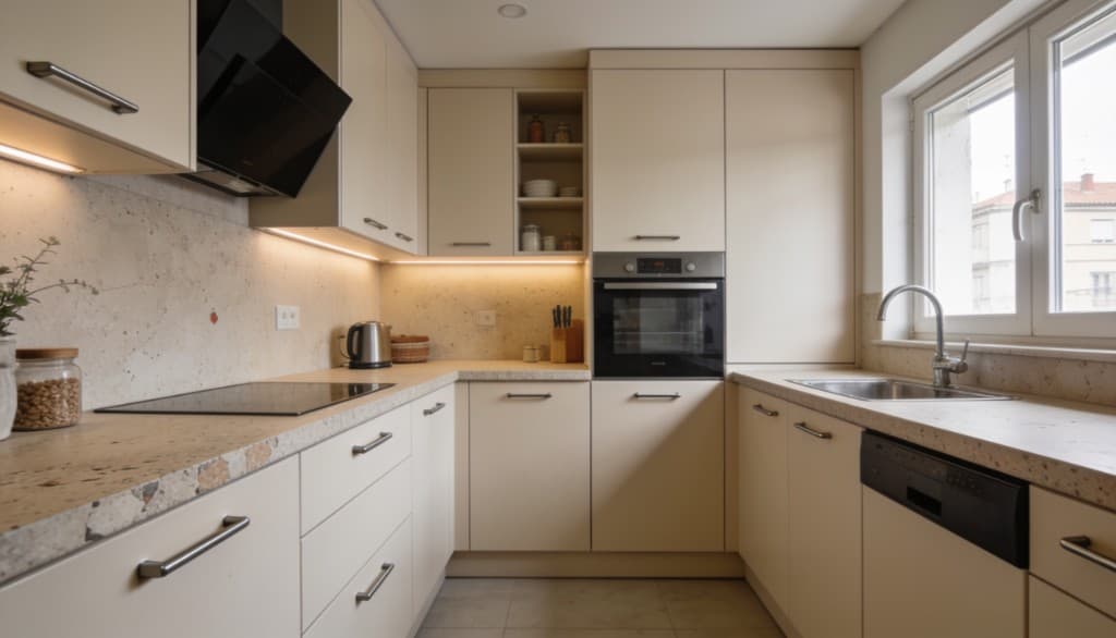 Cocina reformada en tonos crema con campana negra en piso de Madrid
