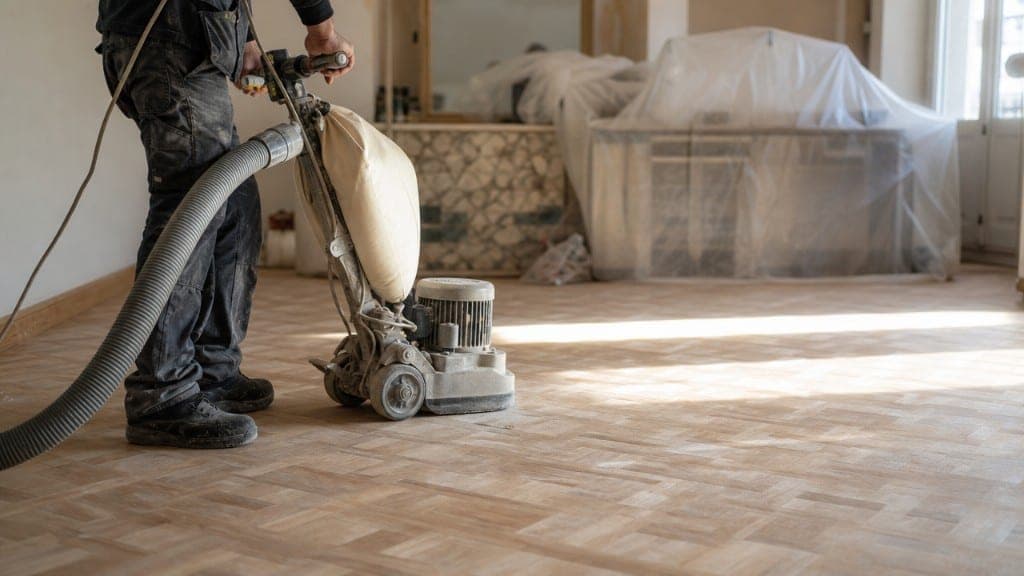 Acuchillado de parquet con lijadora profesional durante la obra
