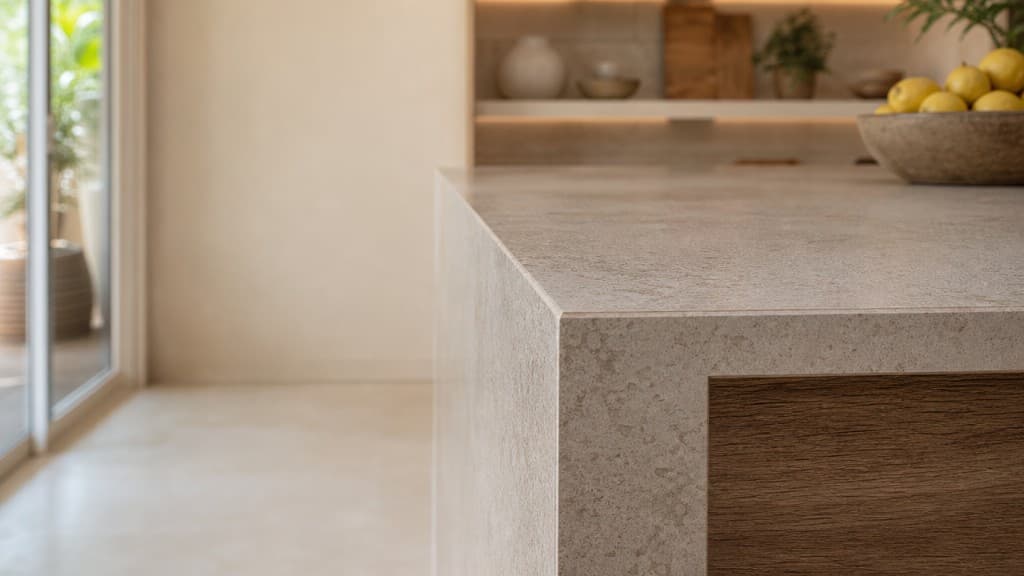 Detalle de encimera de piedra y carpintería de madera en cocina reformada