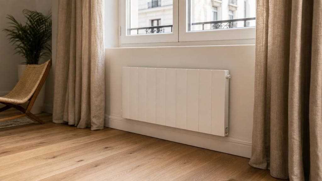 Radiador de panel bajo ventana en piso reformado en Madrid