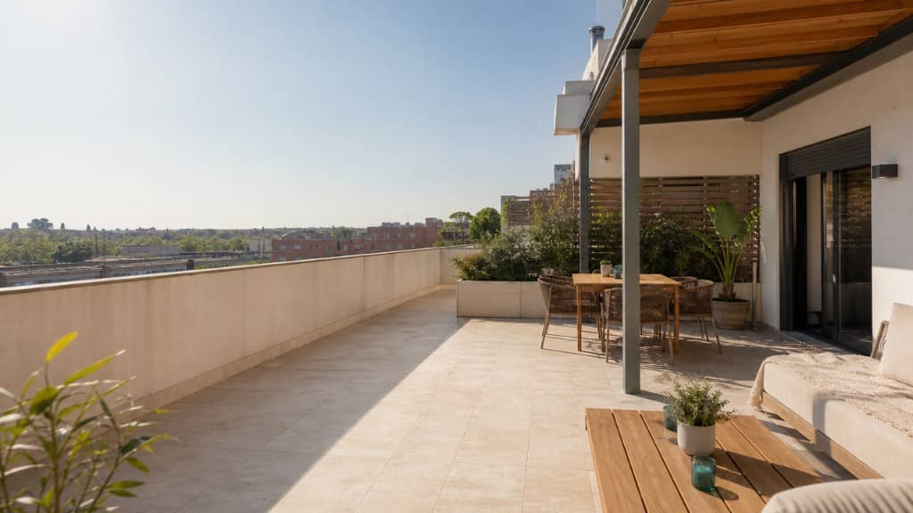 Terraza de ático con lounge y vistas urbanas en Madrid